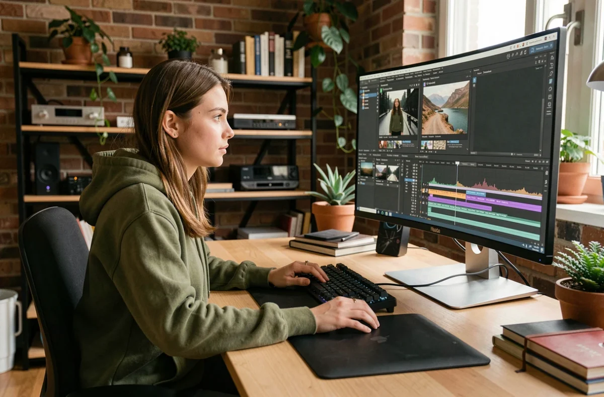 Créatrice de contenu travaillant sur un PC puissant avec un logiciel de montage vidéo dans un studio home office moderne