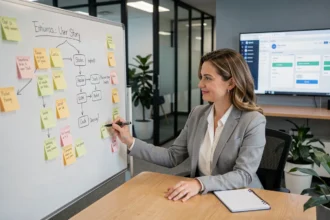 Cheffe de produit rédigeant des cas d'usage pour un logiciel SaaS sur un tableau blanc dans un bureau moderne
