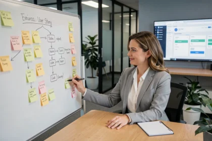 Cheffe de produit rédigeant des cas d'usage pour un logiciel SaaS sur un tableau blanc dans un bureau moderne
