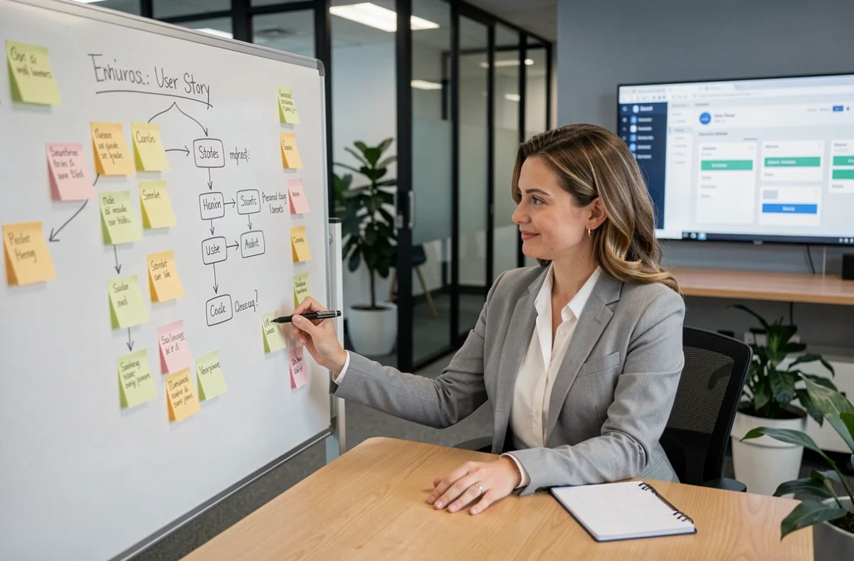 Cheffe de produit rédigeant des cas d'usage pour un logiciel SaaS sur un tableau blanc dans un bureau moderne