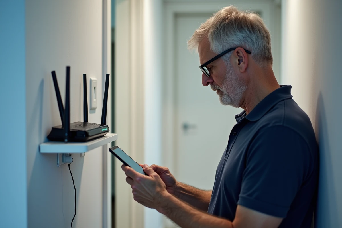 Homme consultant son smartphone pour résoudre le code erreur F3411 Bouygues près du routeur