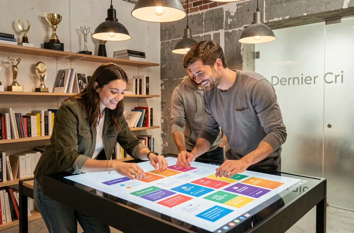 Deux designers du studio Dernier Cri à Lille collaborant sur des maquettes d'interface numérique sur une table tactile dans un espace créatif