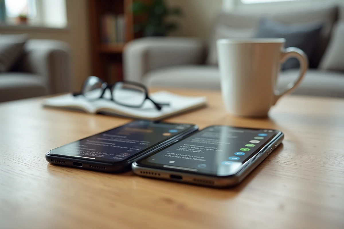 Deux iPhones côte à côte montrant une mise à jour iOS bloquée et l'application Messages avec des SMS à récupérer