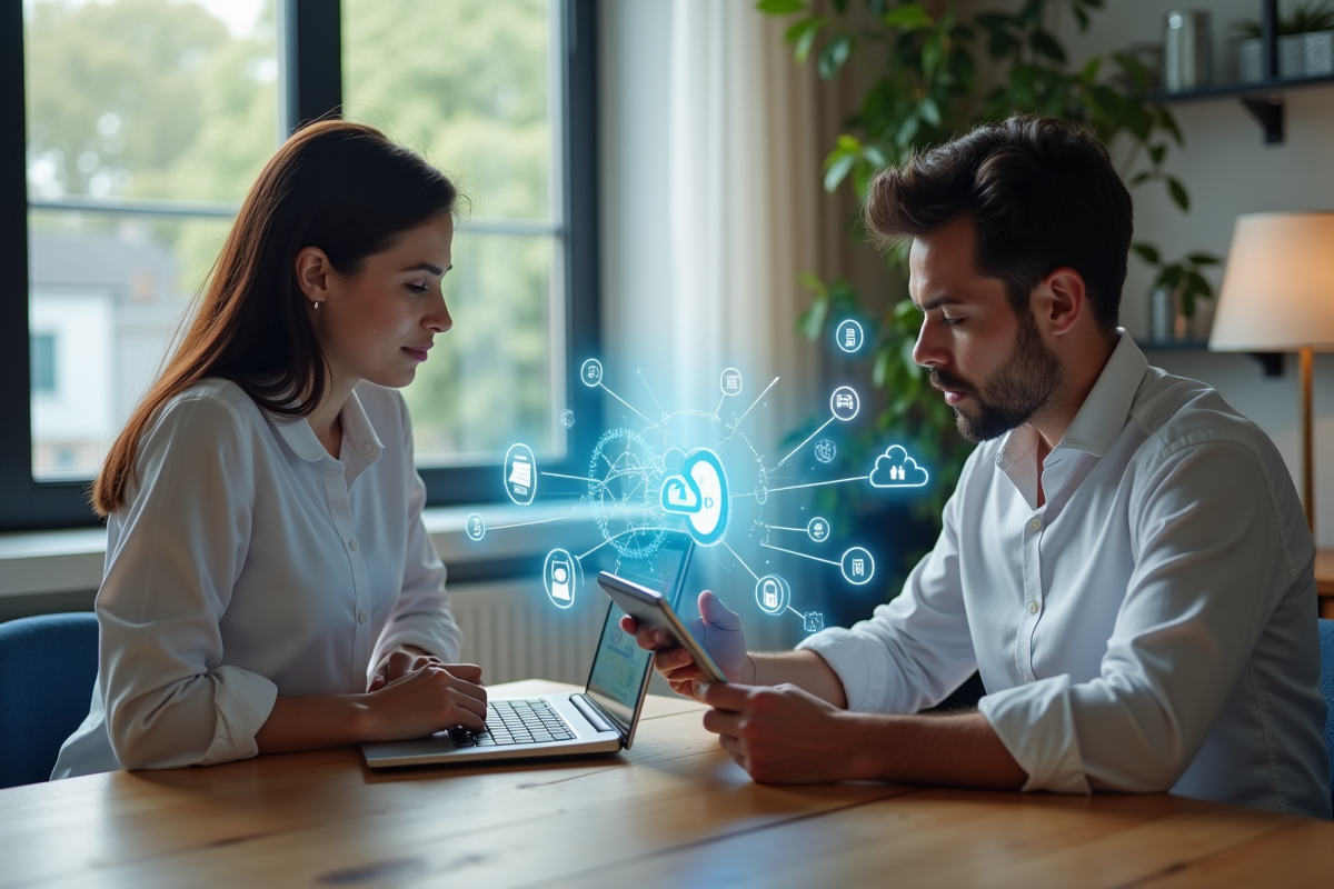 Deux professionnels utilisant des tablettes avec icônes de stockage et infrastructure cloud