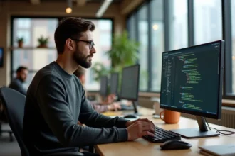 Développeur web Python travaillant sur un framework Django dans un bureau moderne avec du code affiché sur écran