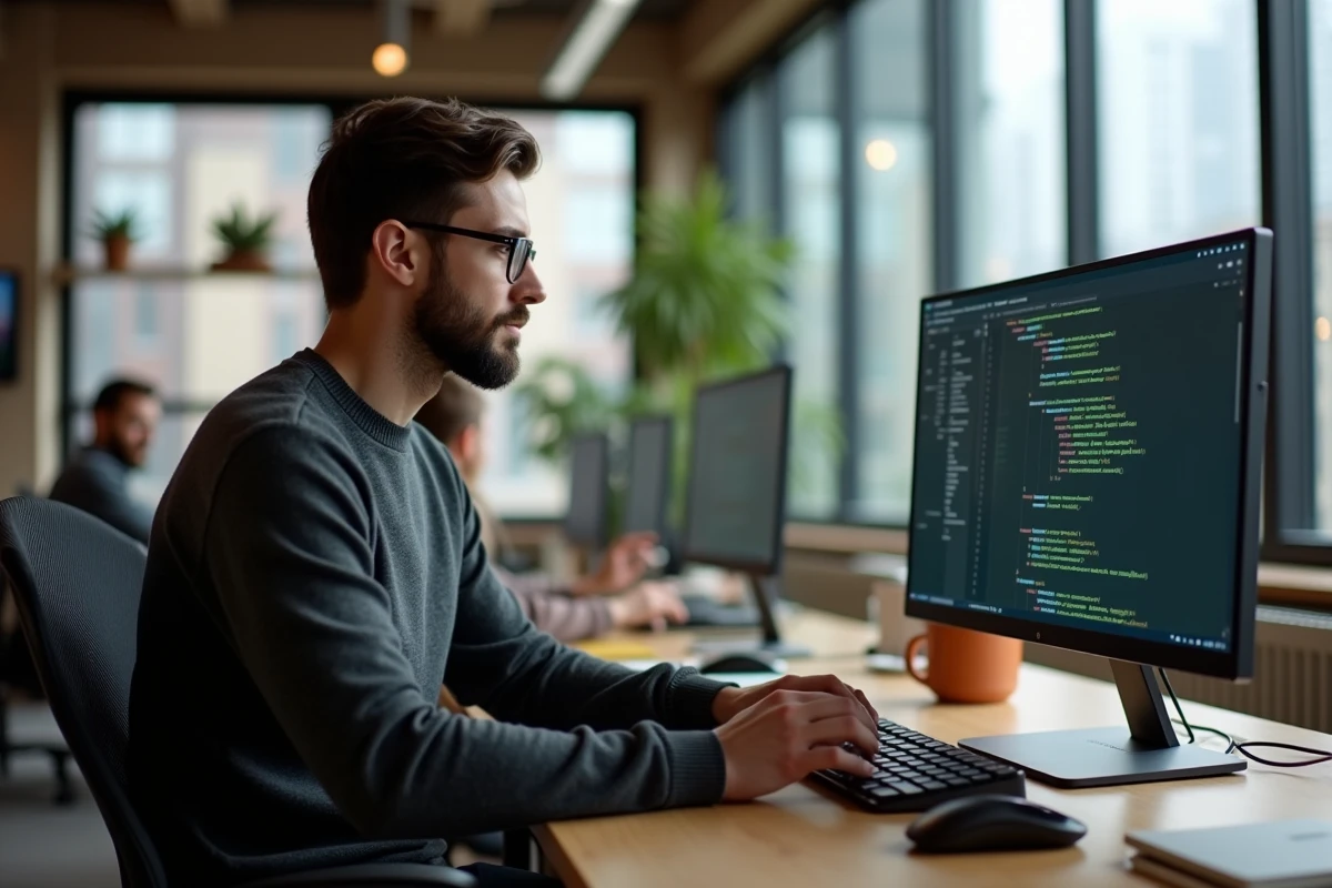 Développeur web Python travaillant sur un framework Django dans un bureau moderne avec du code affiché sur écran