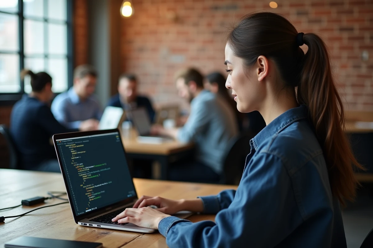 Développeuse web utilisant le framework Flask sur un ordinateur portable dans un espace de coworking
