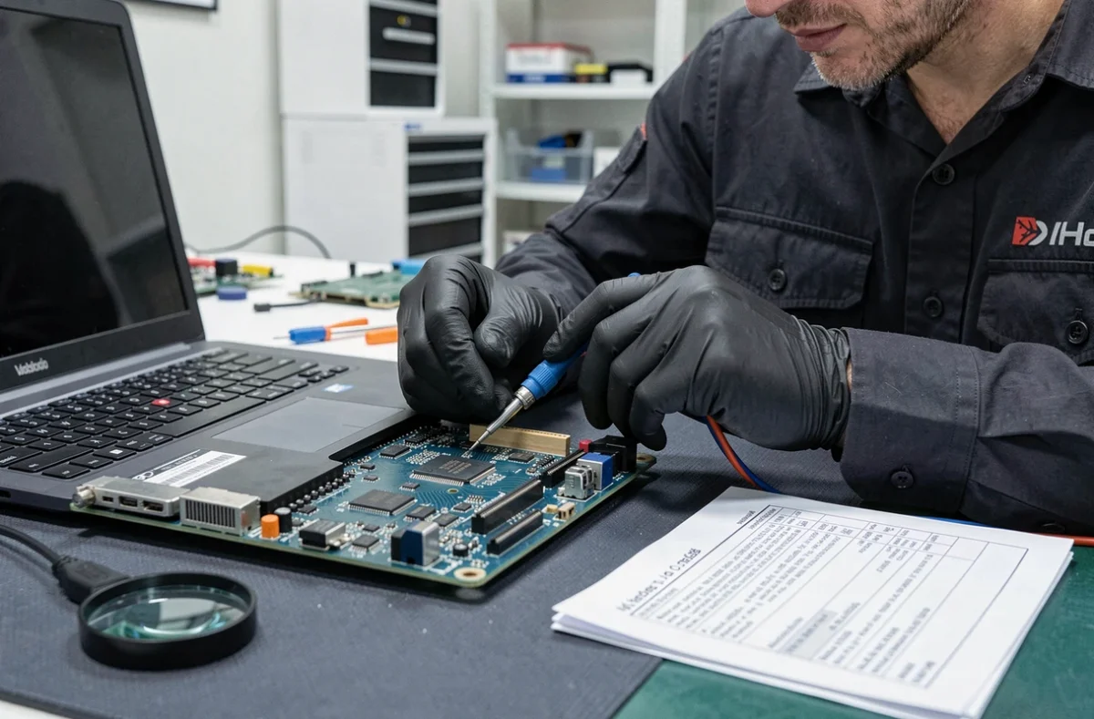 Spécialiste de Diag Informatique effectuant un diagnostic électronique sur une carte mère d'ordinateur portable dans un laboratoire de l'Eure