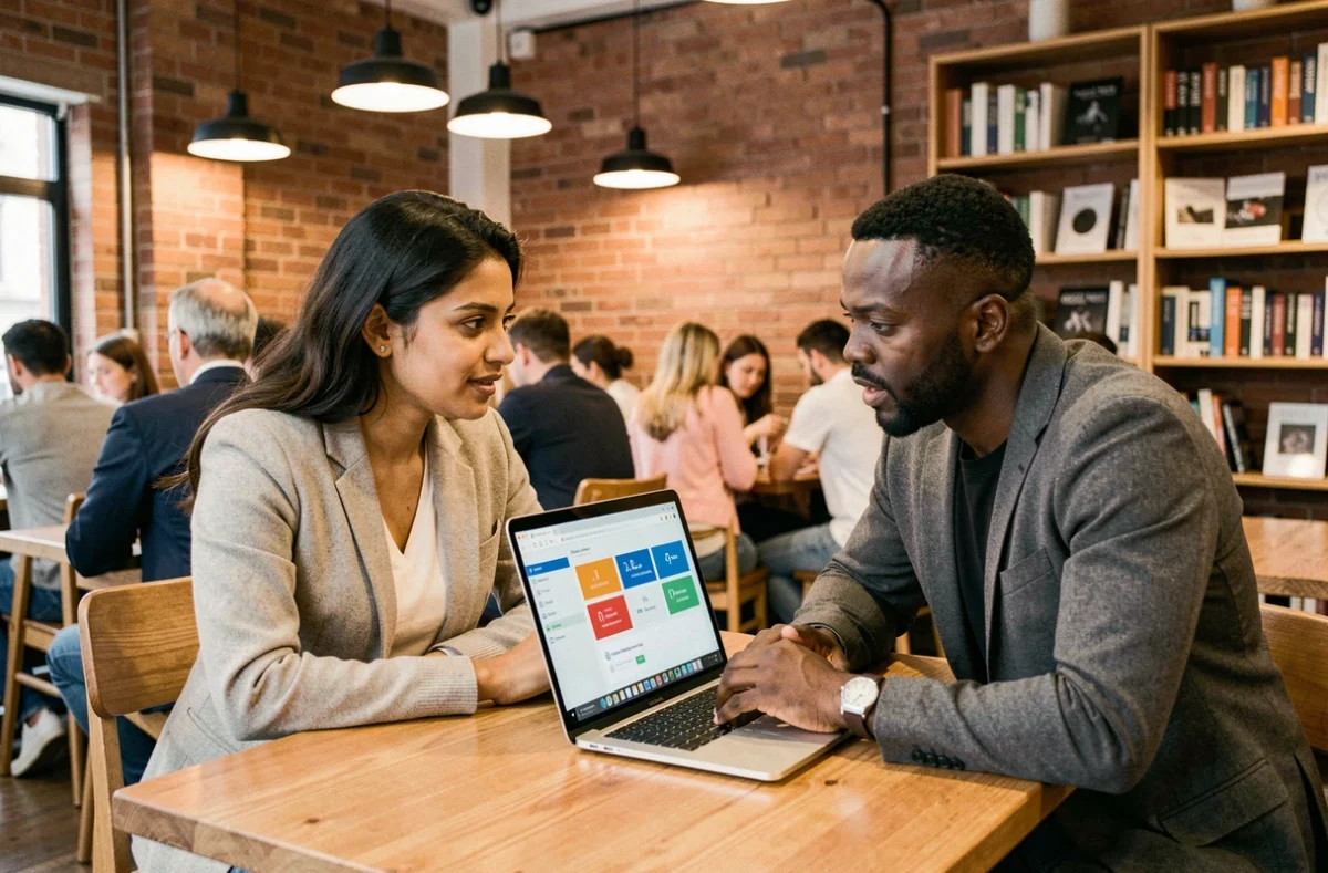 Deux professionnels discutant du modèle économique d'une IA dans un espace de coworking animé