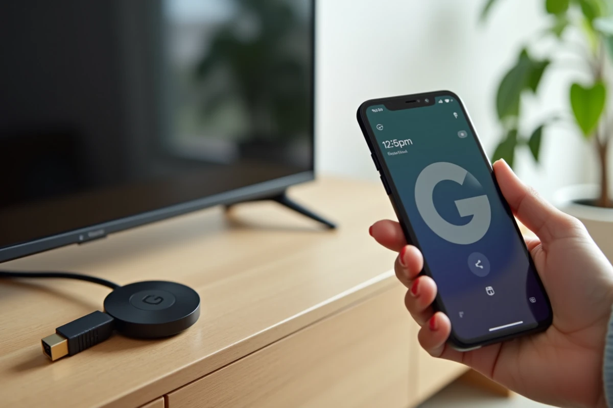 Dongle Chromecast branché sur un port HDMI de télévision avec l'application Google Home ouverte sur un smartphone