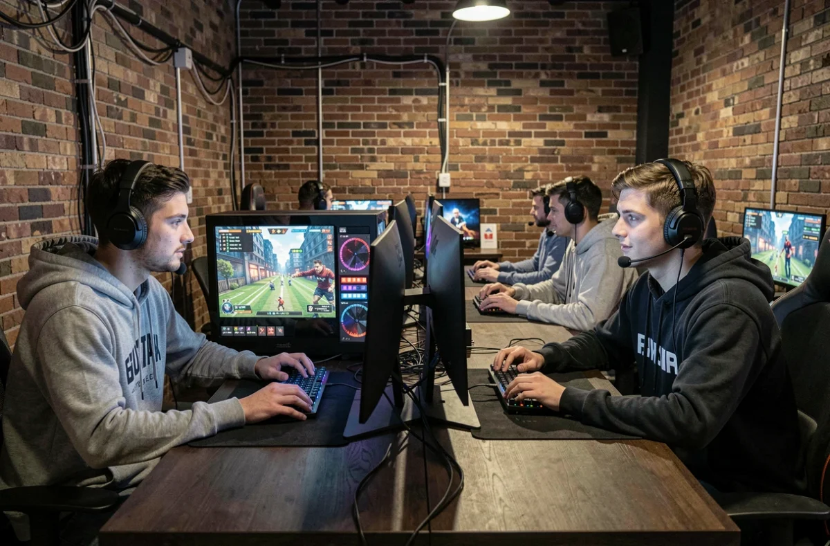 Deux joueurs CS2 en duo dans un café gaming esport analysant leurs rangs après un match compétitif