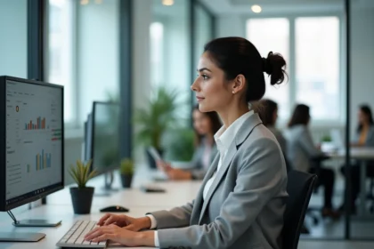 Employée d'une PME consultant un tableau de bord intranet sur son écran de bureau dans un open space moderne