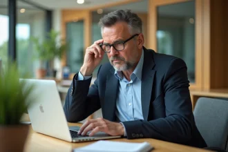 Professeur assis à un bureau moderne avec ordinateur portail Arena