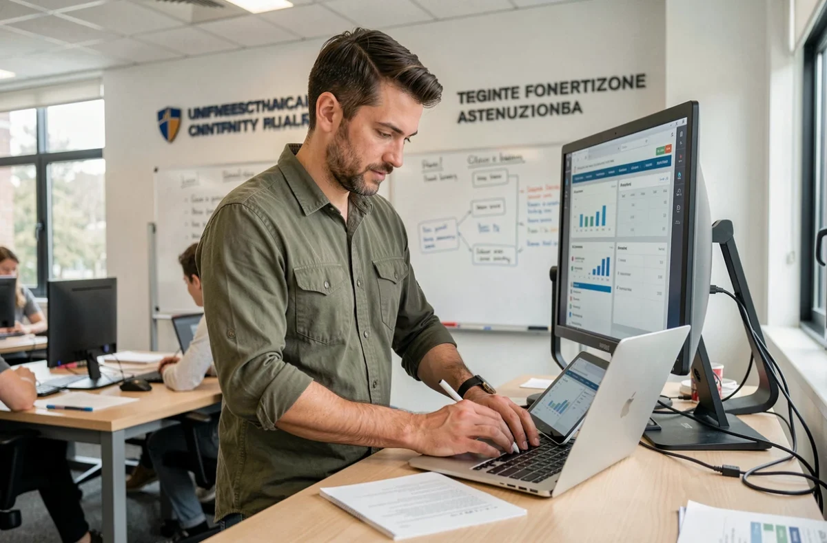 Enseignant masculin utilisant simultanément un ordinateur portable et une tablette pour gérer le suivi pédagogique des étudiants via Eservice UHA