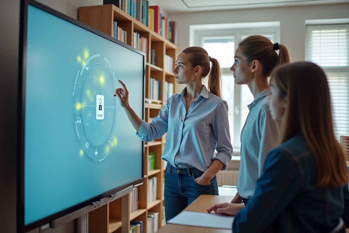 Jeune enseignante montrant un portail numérique à ses collègues