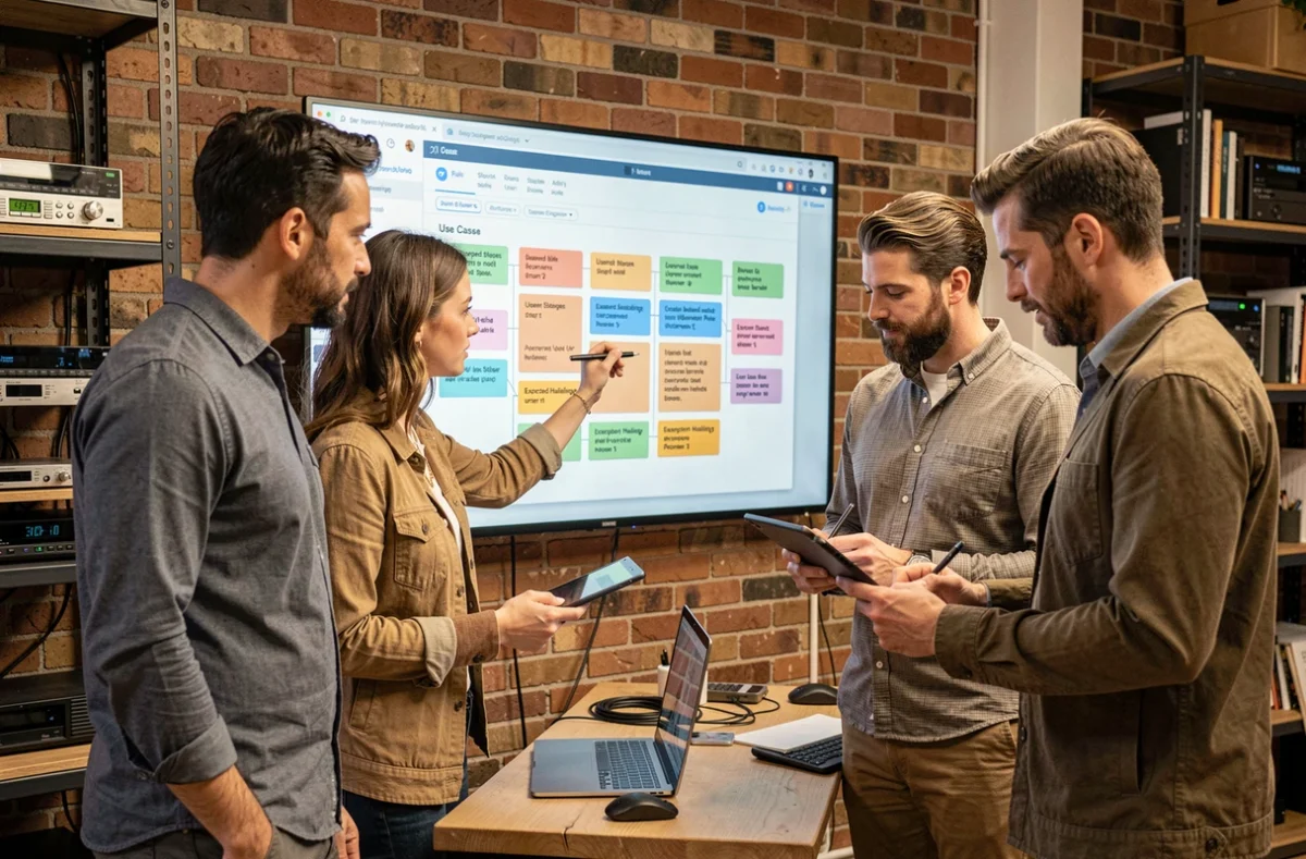 Équipe produit collaborant sur un tableau kanban numérique pour définir les cas d'usage et les exceptions d'un SaaS