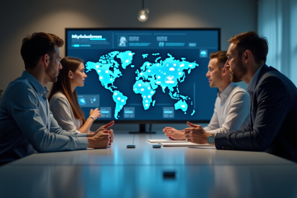 Groupe de professionnels autour d'un écran digital avec IA