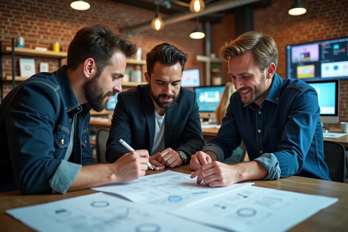 Groupe de développeurs web collaborant autour de wireframes