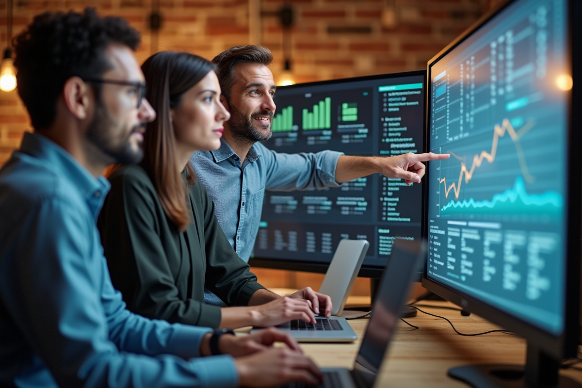 Equipe diverse discutant statistiques sur un grand écran