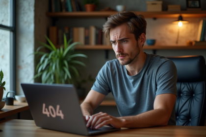 Jeune homme face à une erreur 404 sur son ordinateur