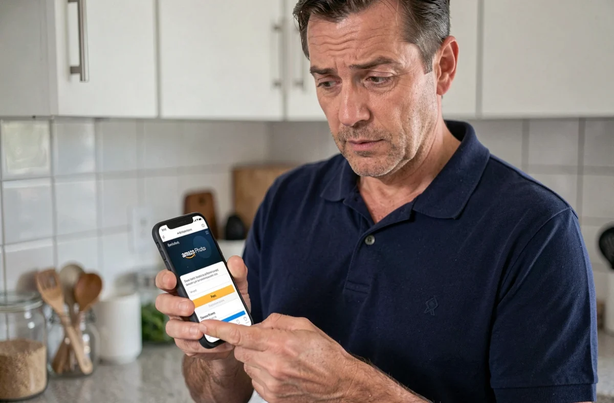 Homme tenant un smartphone affichant une erreur de connexion sur l'application Amazon Photos
