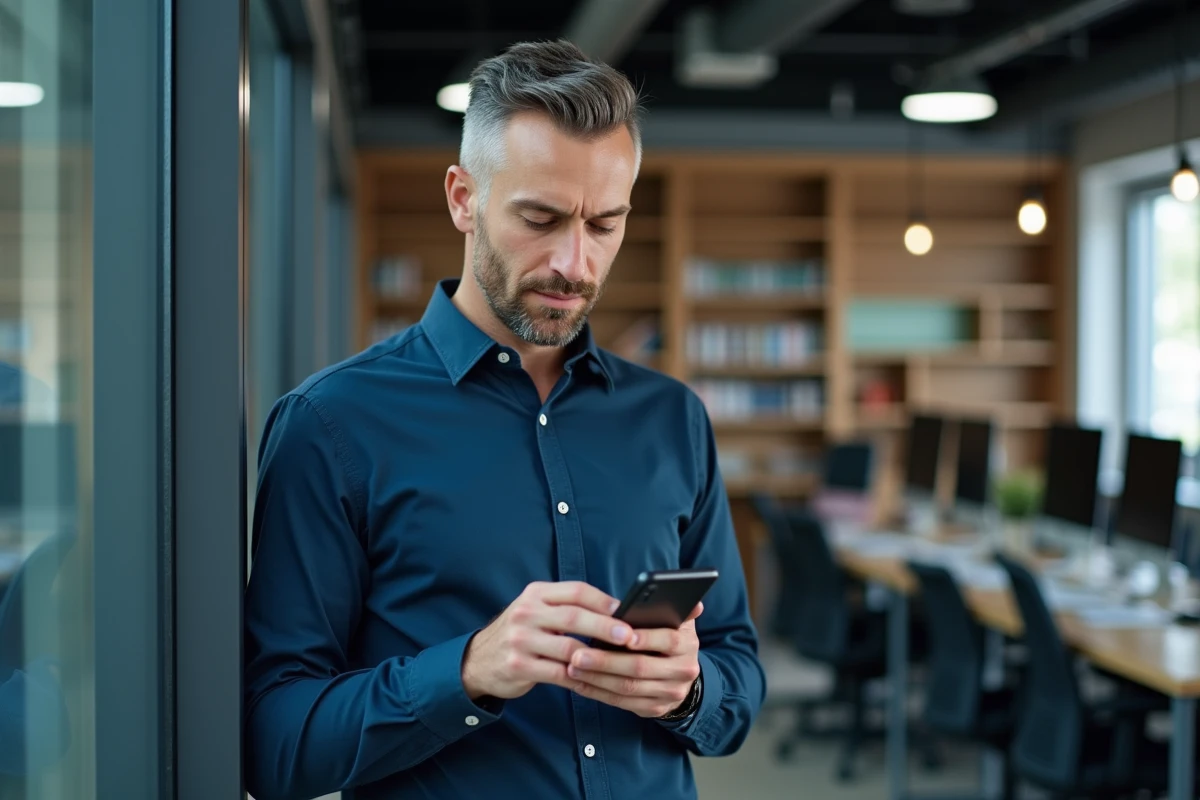 Homme consultant son espace client Réglo Mobile depuis un bureau professionnel
