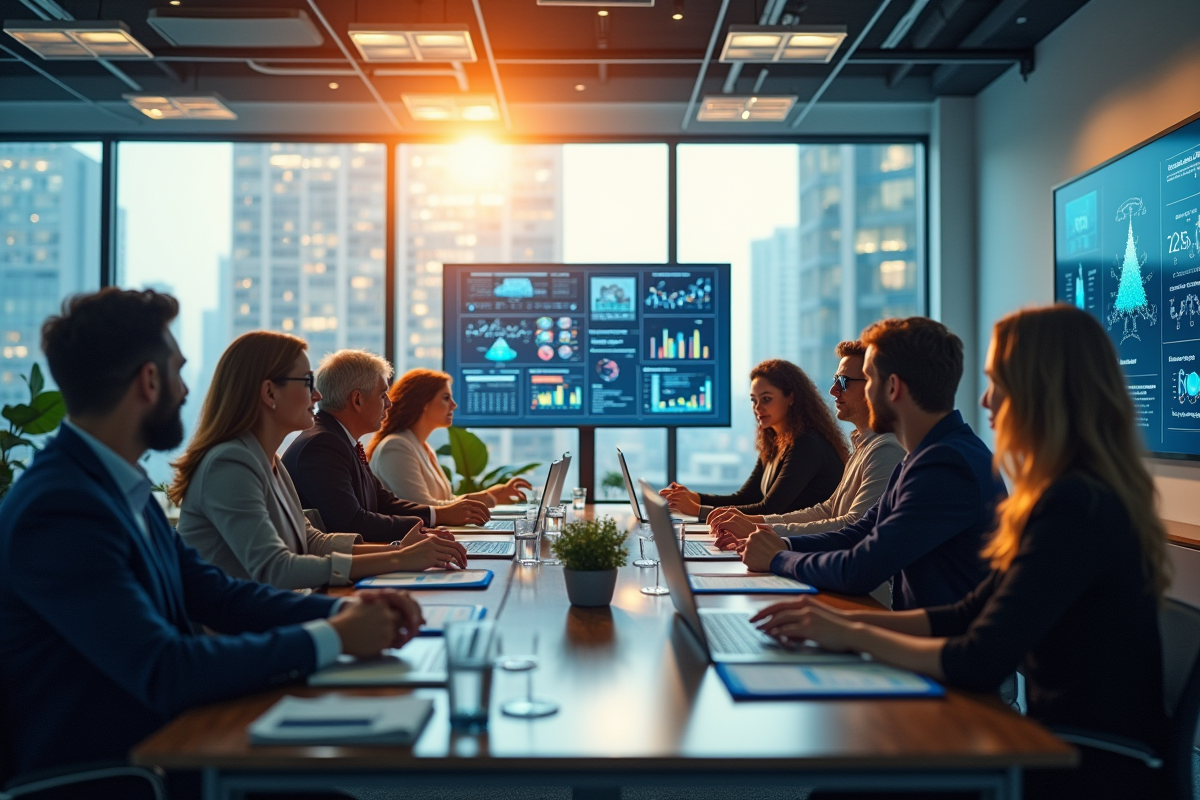 Espace de travail moderne avec professionnels et écrans AI