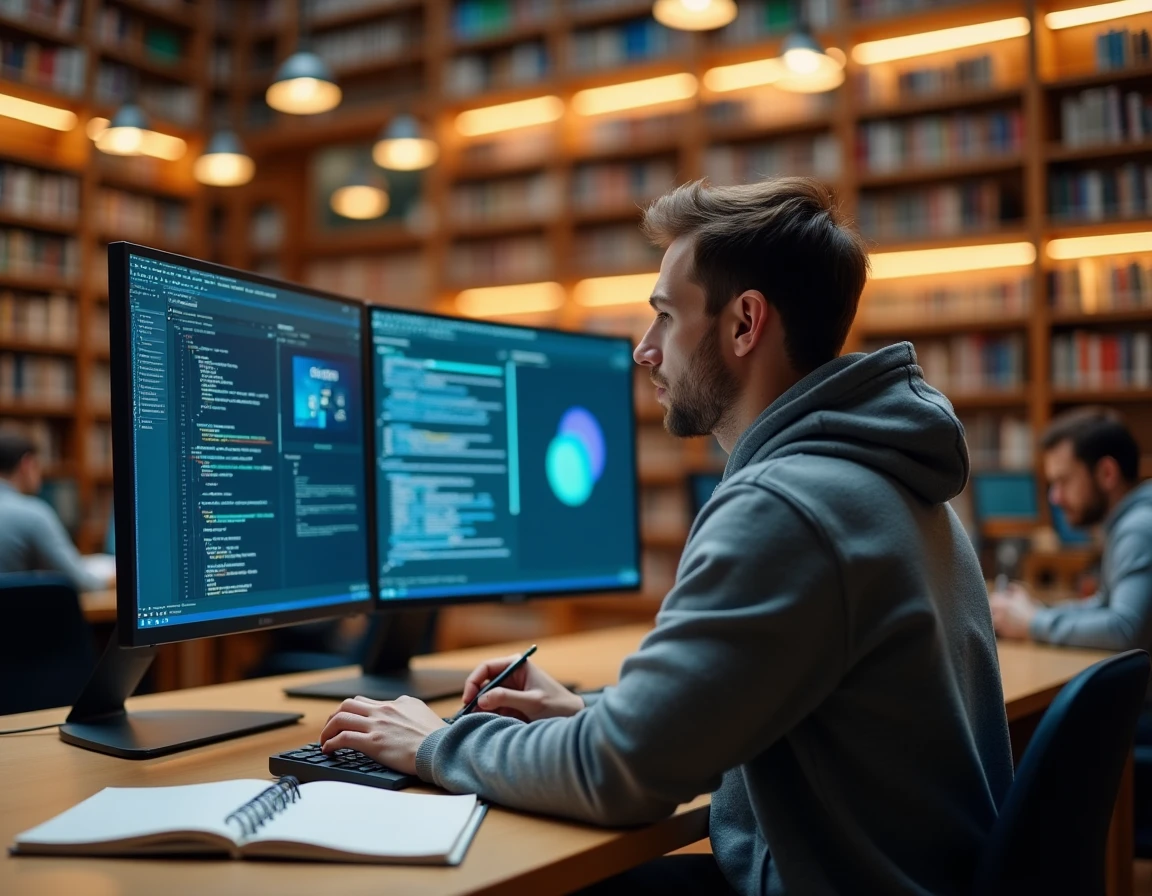 Étudiant en informatique prenant des notes sur la définition de l'interface graphique utilisateur GUI devant un double écran dans une bibliothèque universitaire