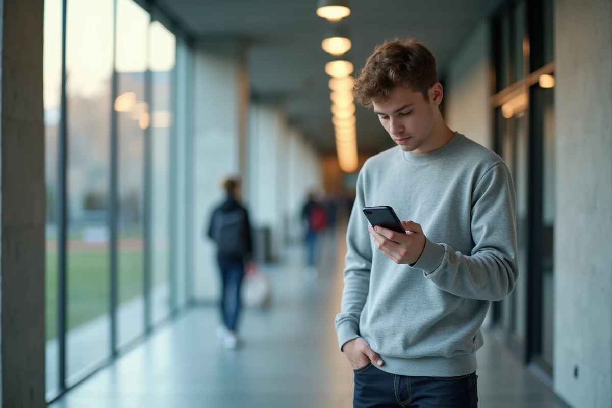 Étudiant de l'INSA Rouen lisant ses emails universitaires sur smartphone dans un couloir moderne du campus