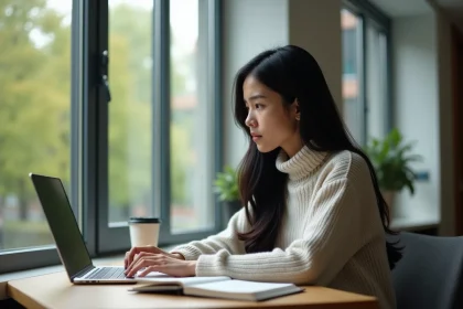 Jeune femme étudiante à l'université travaillant sur son ordinateur