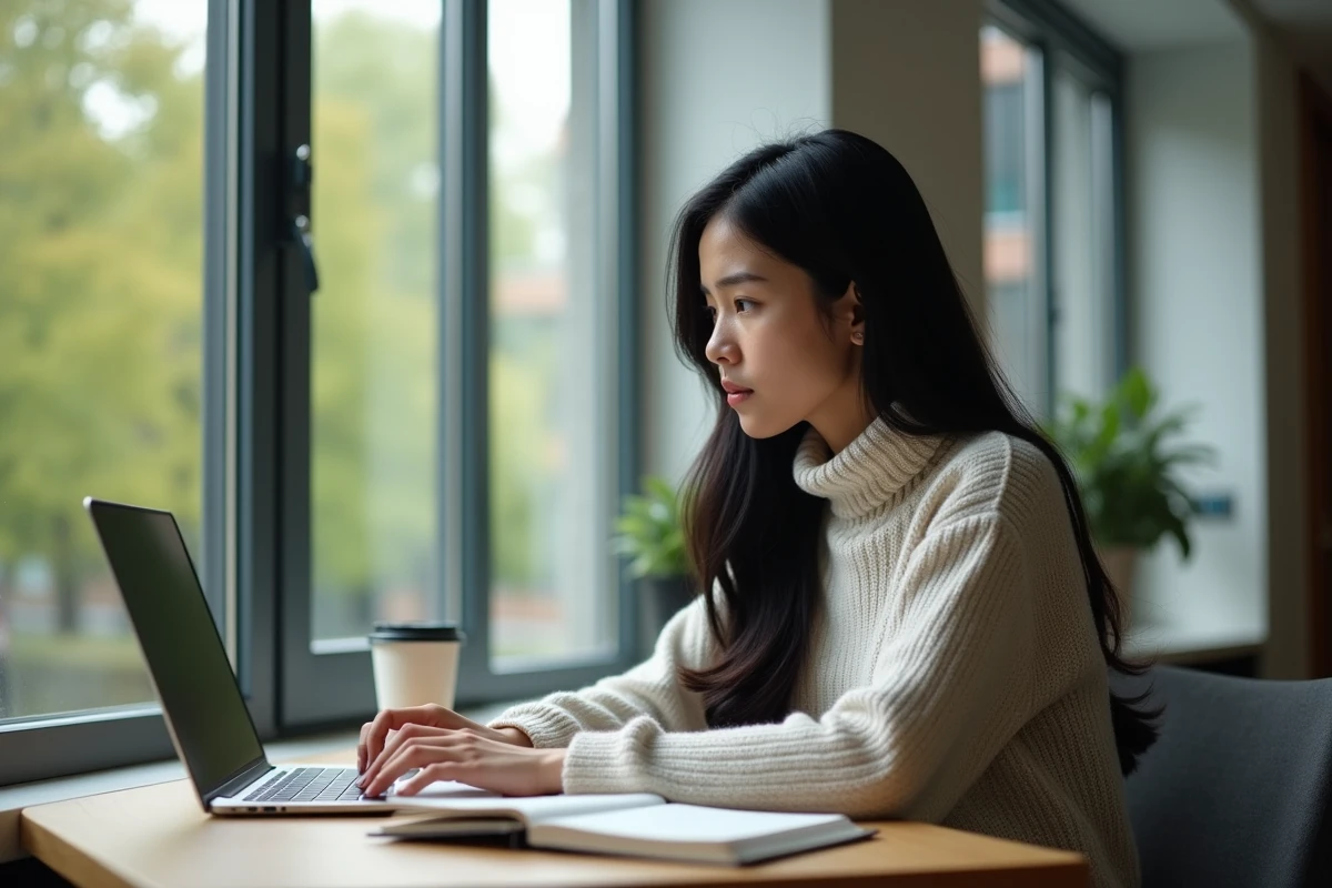 Jeune femme étudiante à l'université travaillant sur son ordinateur