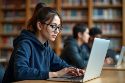 Étudiante de l'INSA Rouen consultant son webmail sur un ordinateur portable dans une bibliothèque universitaire