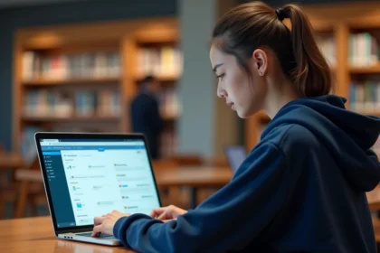 Étudiante configurant les réglages de sa messagerie Zimbra universitaire sur un ordinateur portable en bibliothèque