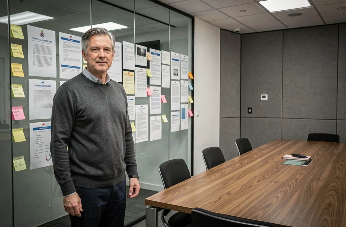 Expert en éthique de l'IA analysant des documents stratégiques dans une salle de conférence d'entreprise technologique
