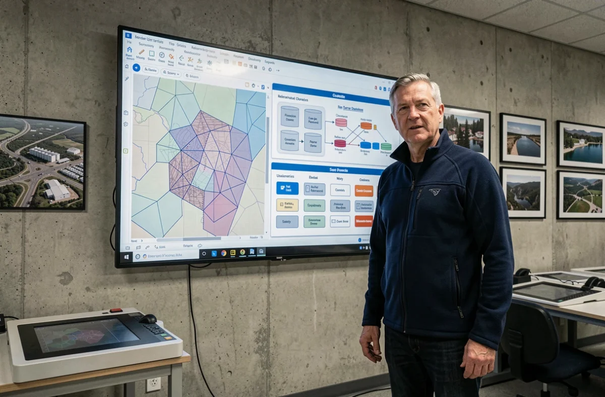 Expert en géomatique présentant la comparaison entre SIG conceptuel et modèle logique de données sur écran interactif