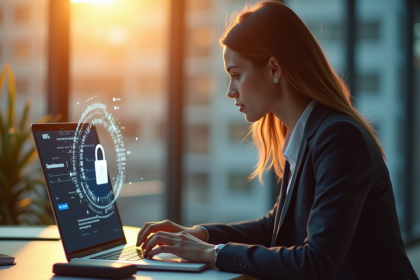 Femme d'affaires protégeant un document PDF sur son ordinateur