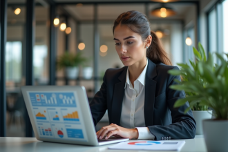 Femme en bureau analysant des données SEO sur un laptop