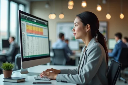 Femme professionnelle analysant des doublons dans une feuille Excel sur un grand écran de bureau