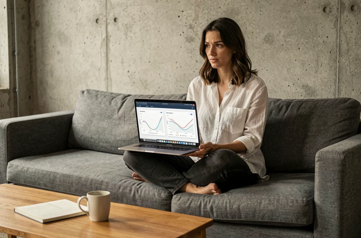 Femme analysant des performances système Windows sur un laptop dans un salon moderne avec graphiques de comparaison