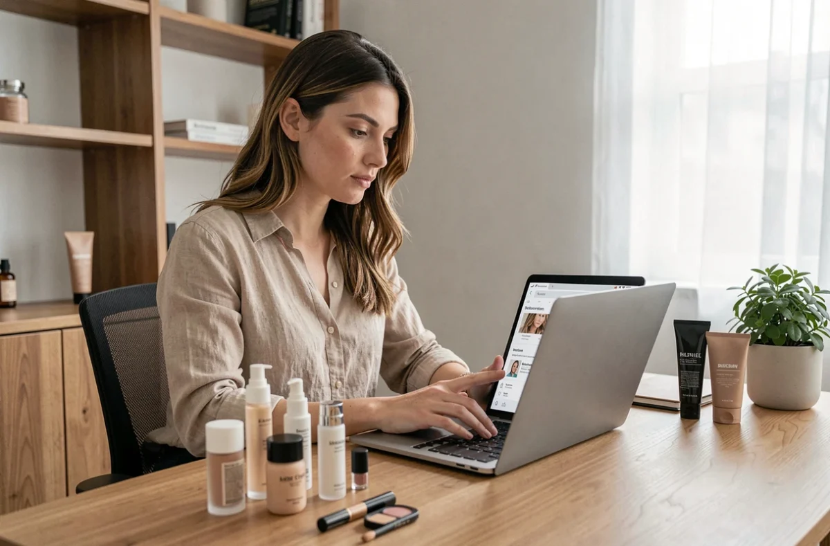 Femme analysant une application de beauté Glamho sur son ordinateur portable entourée de produits cosmétiques