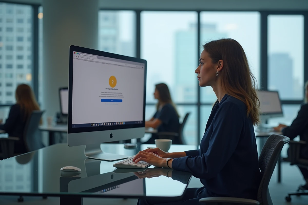 Femme professionnelle face à une alerte de compatibilité Silverlight dans un navigateur web au bureau