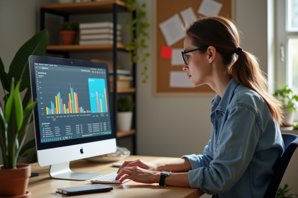 Femme travaillant sur un ordinateur dans un bureau moderne