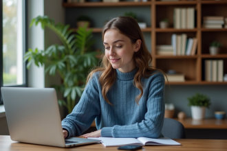 Jeune femme concentrée sur son ordinateur dans un intérieur cosy