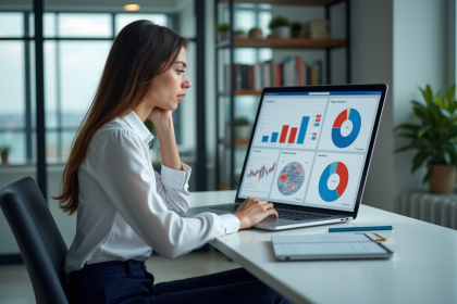 Jeune femme analysant des tableaux de bord numériques au bureau