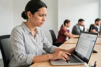 Femme au bureau cherchant la fonction effet miroir dans Microsoft Word sur son ordinateur portable