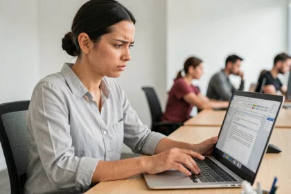 Femme au bureau cherchant la fonction effet miroir dans Microsoft Word sur son ordinateur portable