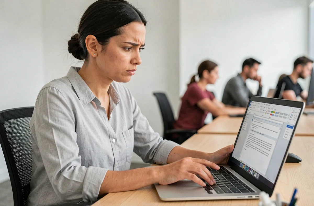 Femme au bureau cherchant la fonction effet miroir dans Microsoft Word sur son ordinateur portable