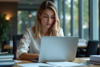 Femme au bureau regardant un message d'erreur webmail