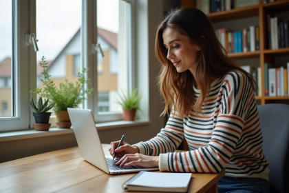 Femme concentrée travaillant sur son ordinateur dans un bureau cosy