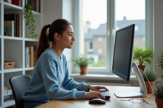 Jeune femme au bureau à domicile regardant un écran large